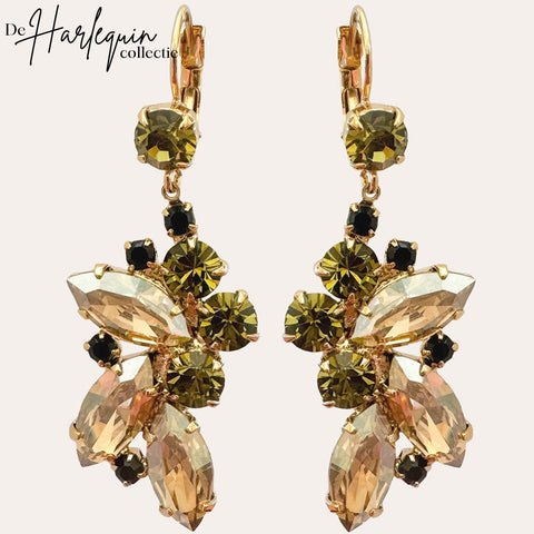 Earrings with golden and olive-green Swarovski stones