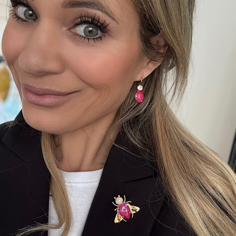 Fly brooch with beige and red Swarovski crystals
