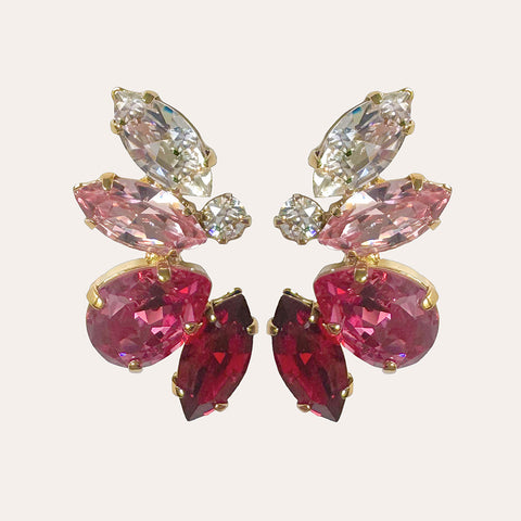 Oorbellen met roze en rode kristallen in bladvorm