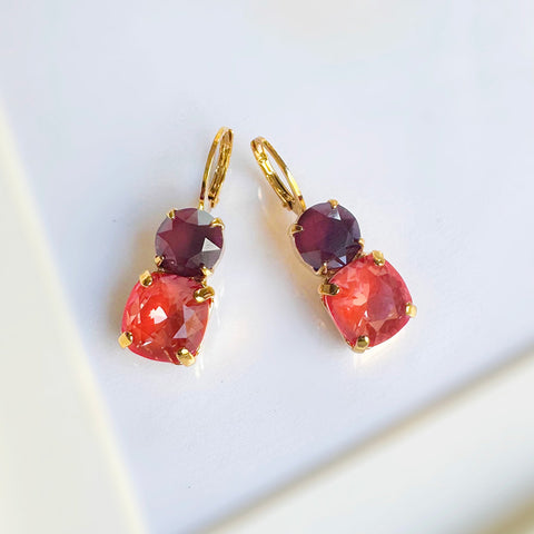 Earrings with burgundy and orange crystals