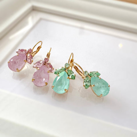 Pink earrings with leaves and a Swarovski drop