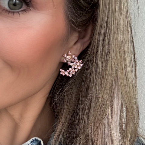Half moon stud earrings with pink crystals
