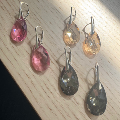 Silver earrings with pink crystal drops