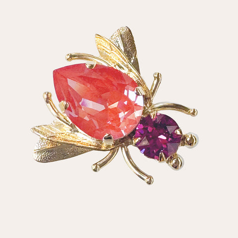Fly brooch with fuchsia and orange crystals