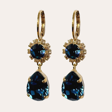 Earrings with dark blue flower and drop