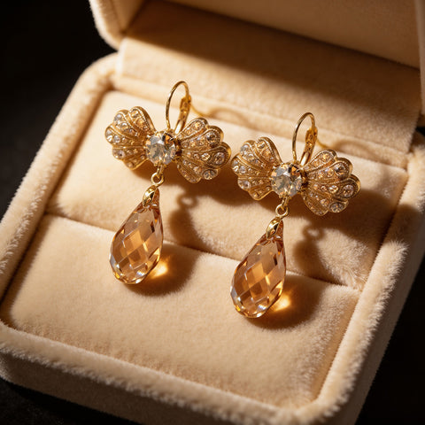 Gouden strik oorbellen met Swarovski druppel