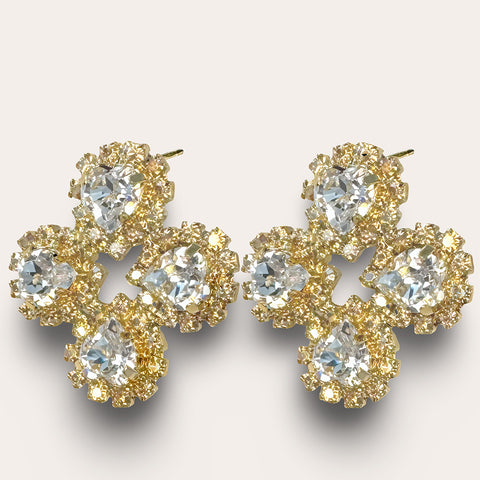 Gouden statement oorstekers klavertje vier met Swarovski hartjes