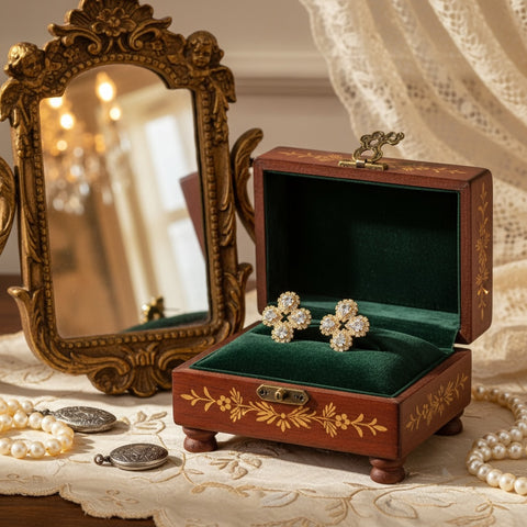 Gouden statement oorstekers klavertje vier met Swarovski hartjes