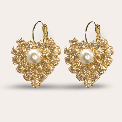 Luxe gouden oorhangers met hartje, parel & Swarovski