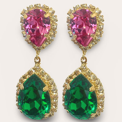 Oorbellen met  fuchsia en groene druppels