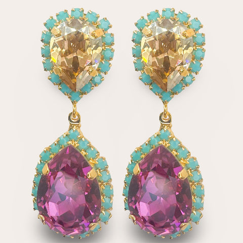 Oorbellen met fuchsia druppels en turquoise steentjes