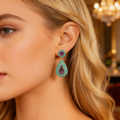 Amethist oorbellen met turquoise Swarovski kristallen