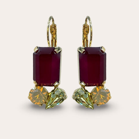 Bordeaux kristal oorbellen met groen- Limited Edition