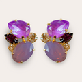 Paarse clusteroorknoppen met mat paarse ovale steen, felpaarse druppel en amethist Swarovski kristal in goud