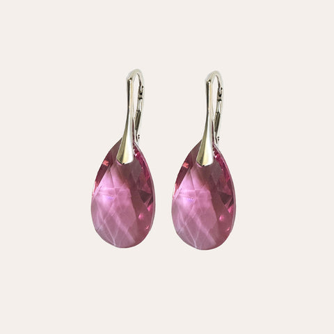 Silver earrings with pink crystal drops